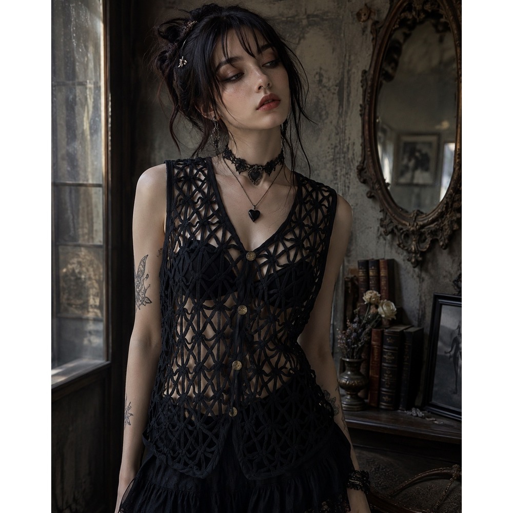 Agapo Vintage Black Macrame Whimsigoth Layering Vest L Woven Lattice Cinch Back